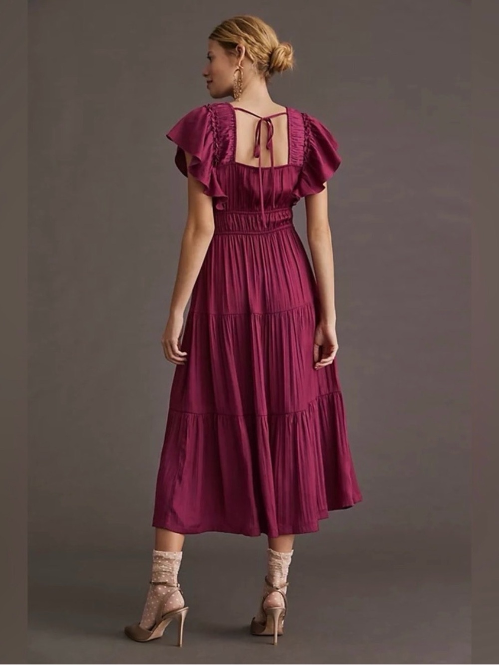 Anthropologie Ruffle Tiered Midi Dress Size XL Raspberry Flutter Sleeve Satin - Picture 2 of 13